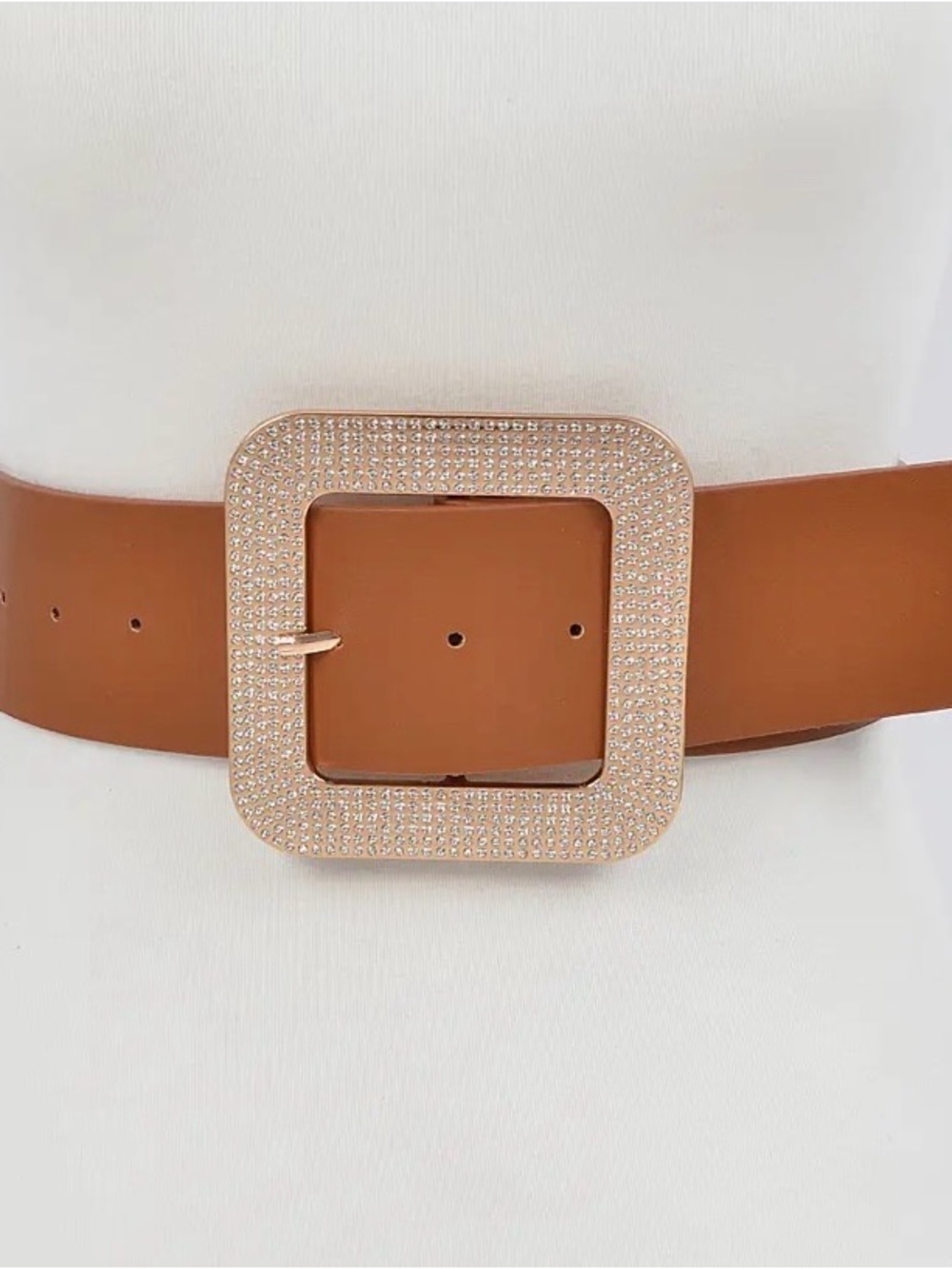 Wide Tan Waist Belt with Rhinestone Square Buckle - PLUS